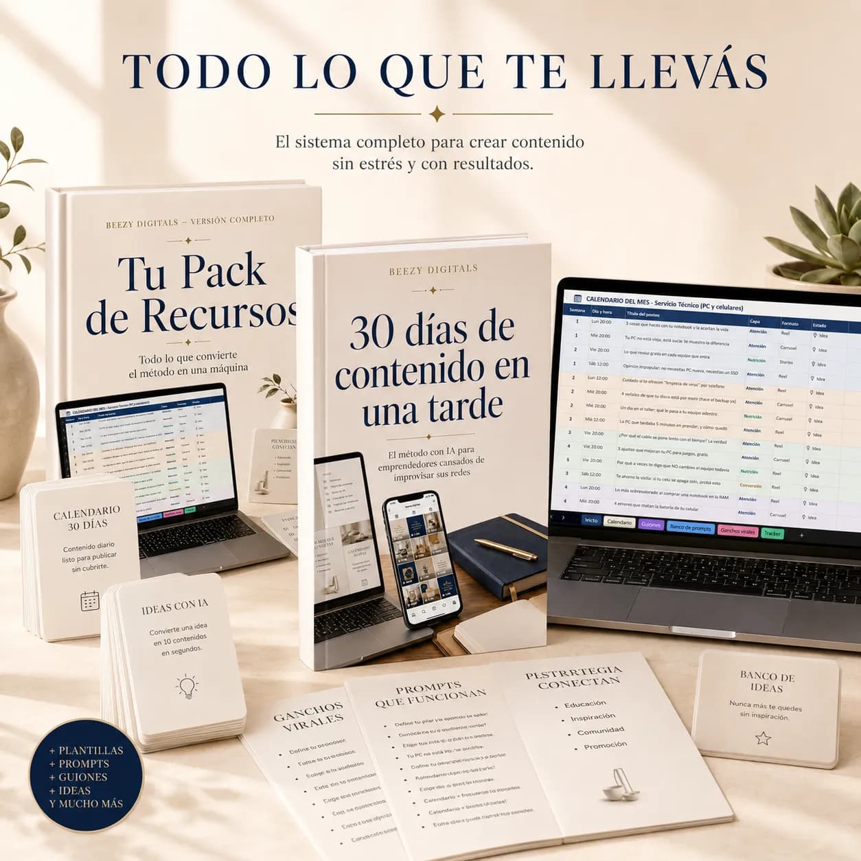 Vista de todo lo que incluye: método, prompts, guiones, banco de ideas y plantillas