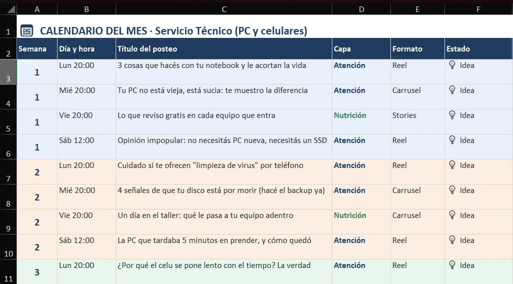 Calendario del mes en Excel: posteos por semana, capa, formato y estado