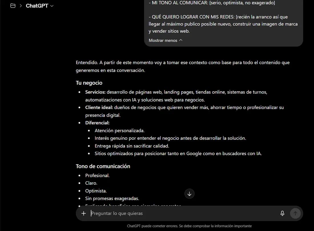Proyecto en ChatGPT configurado con el tono y el negocio del usuario