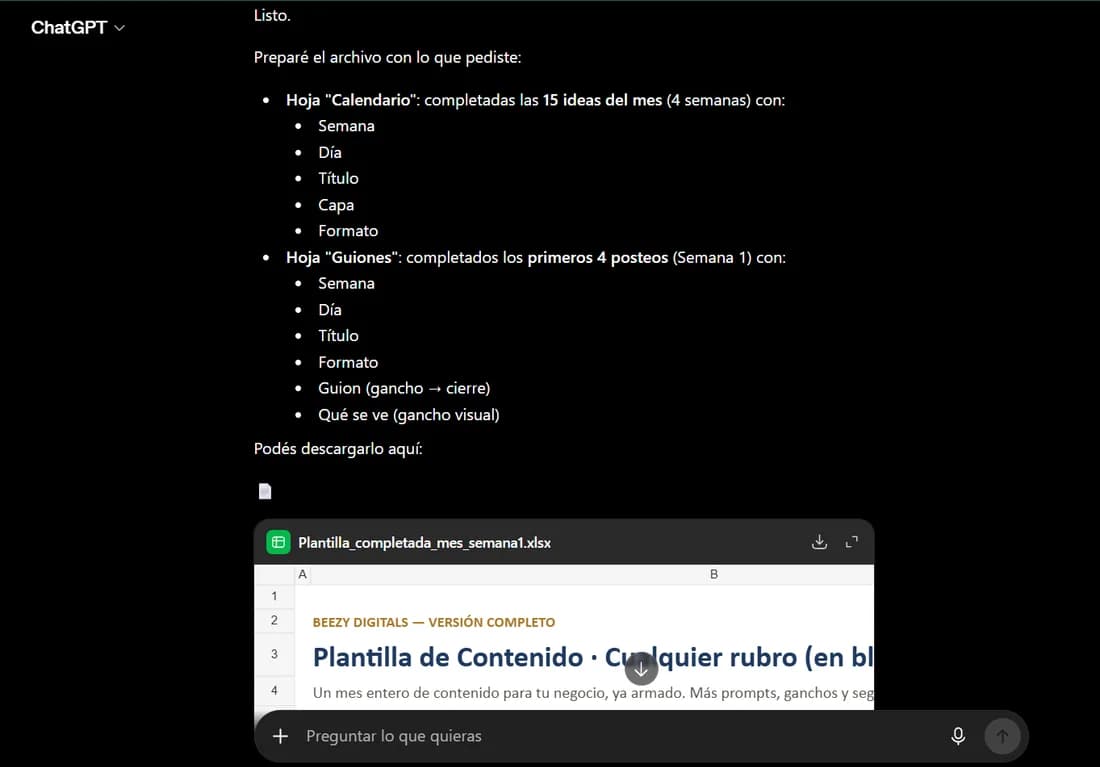 ChatGPT genera el archivo con las hojas Calendario y Guiones listas para descargar